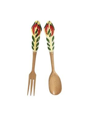 Orvieto Hand-Painted Red Chili Design Ceramic &  Wood Salad Serving Fork & Spoon